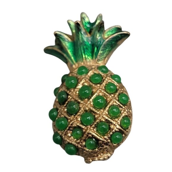 Ciner Rare Pineapple Brooch Green Cabachons 18k Gold Plated Book Piece Vintage - Picture 4 of 10
